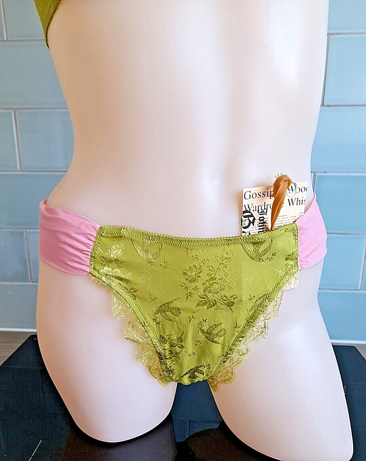 John Galliano BIJOUX Green/Pink Silk/Lace High Leg Chiffon Banded Thong