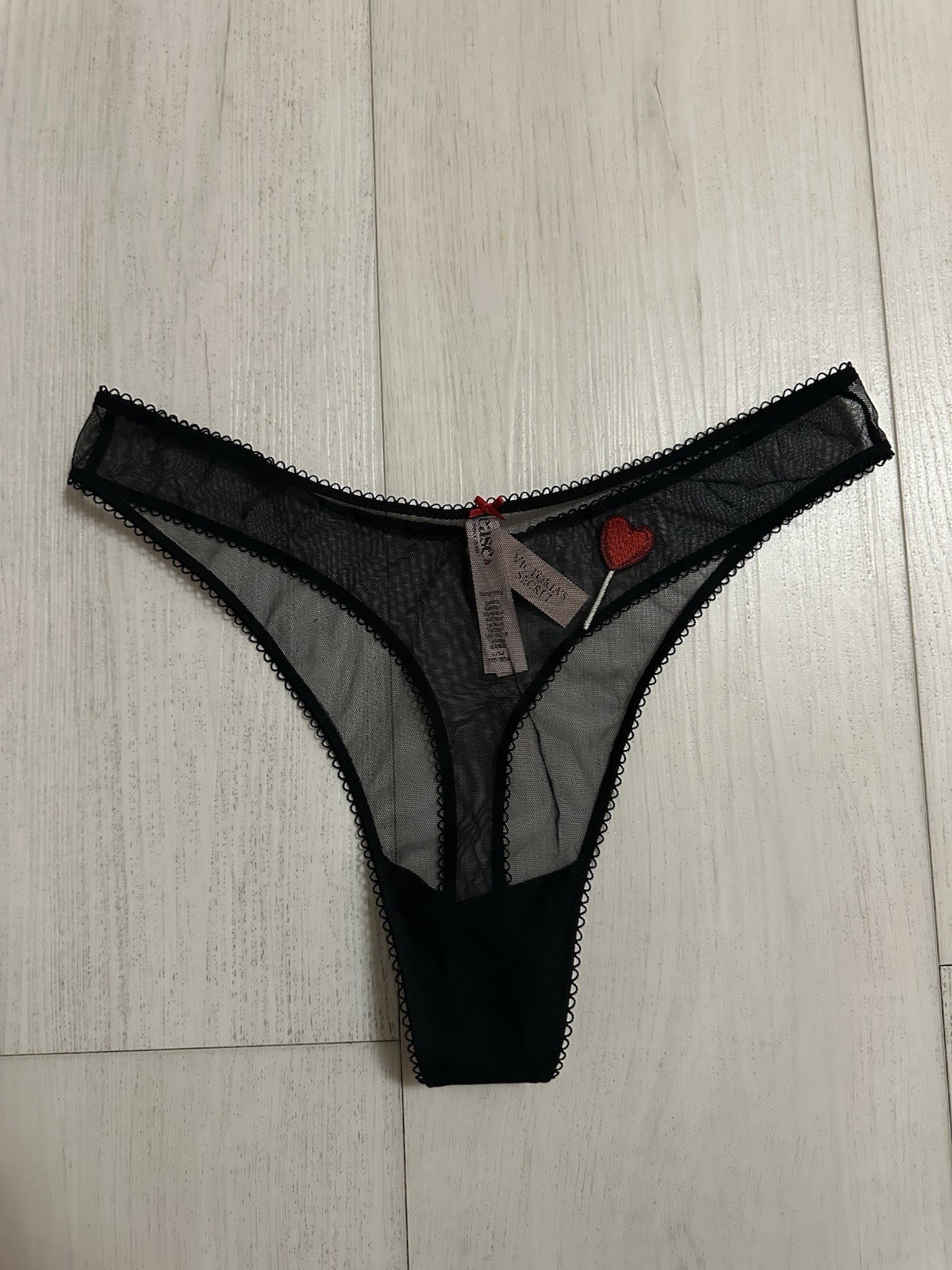 NWT Victoria’s Secret Tease Thong Sz L Black Mesh Hear Lollipop Embroidered