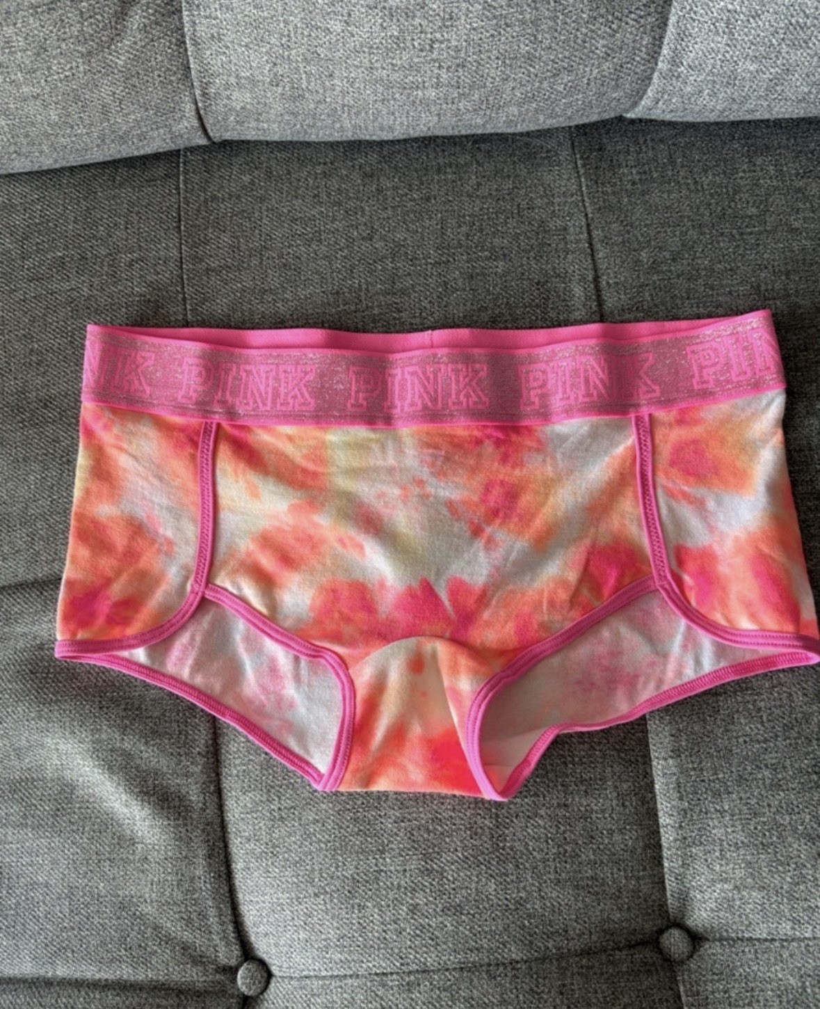 Victoria’s Secret PINK Glitter Logo Boyshort Panty Small Neon Orange Tie Dye NWT