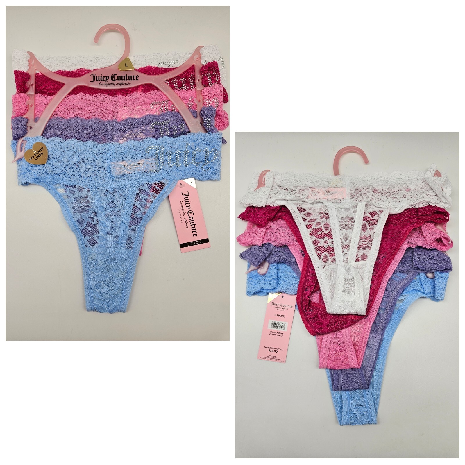JUICY COUTURE Women L XL 5Pk Lace Rhinestone Logo Thong Panties Pink White Blue
