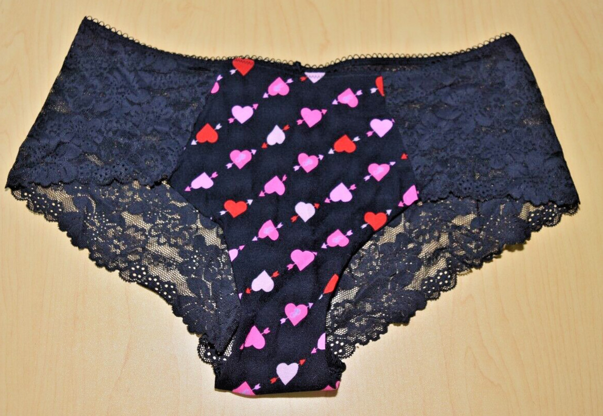 NWT Victorias Secret Pink Multicolor Hearts Lace Cheeky Panty Black L Large