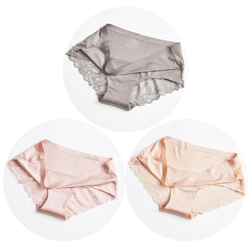 3PCS Women Lace Satin Panties Set Sexy Breathable Underwear Plus Size Soft Brief