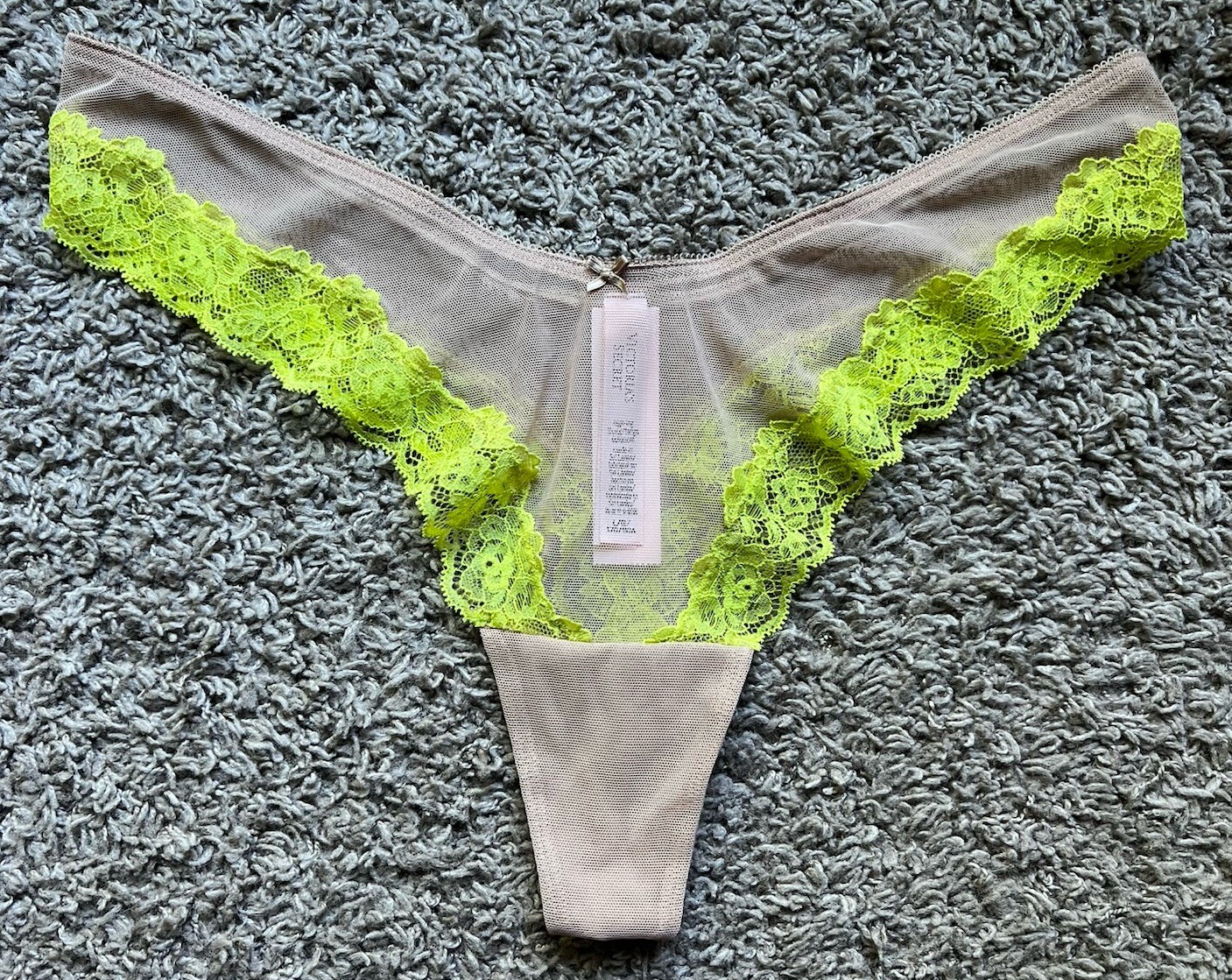 NWT Victoria’s Secret Tease High Leg Nude Mesh Neon Yellow Lace Thong Panty L