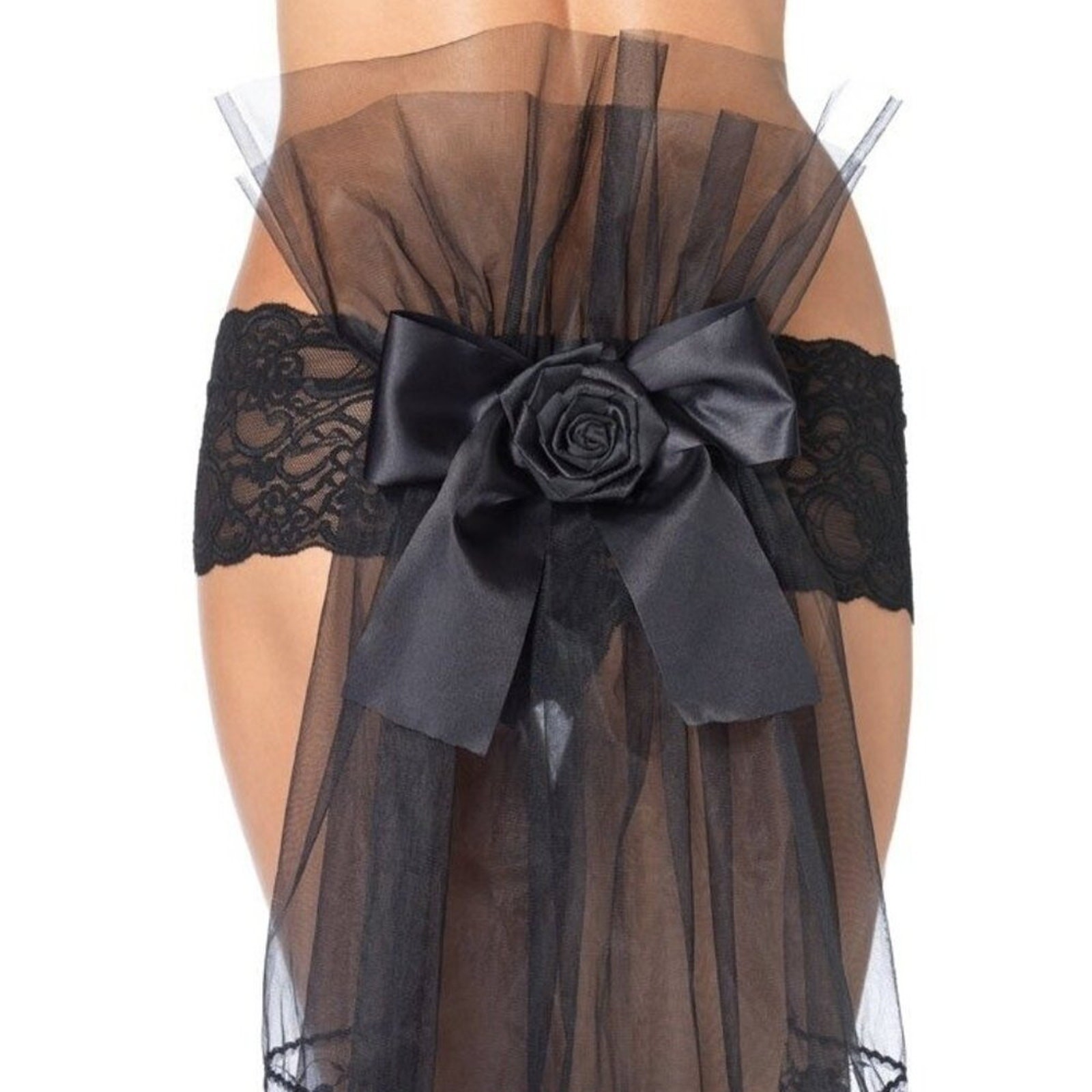 Leg Avenue Goth Victorian Burlesque Satin & Tulle Bow Floral Lace Tanga Panties
