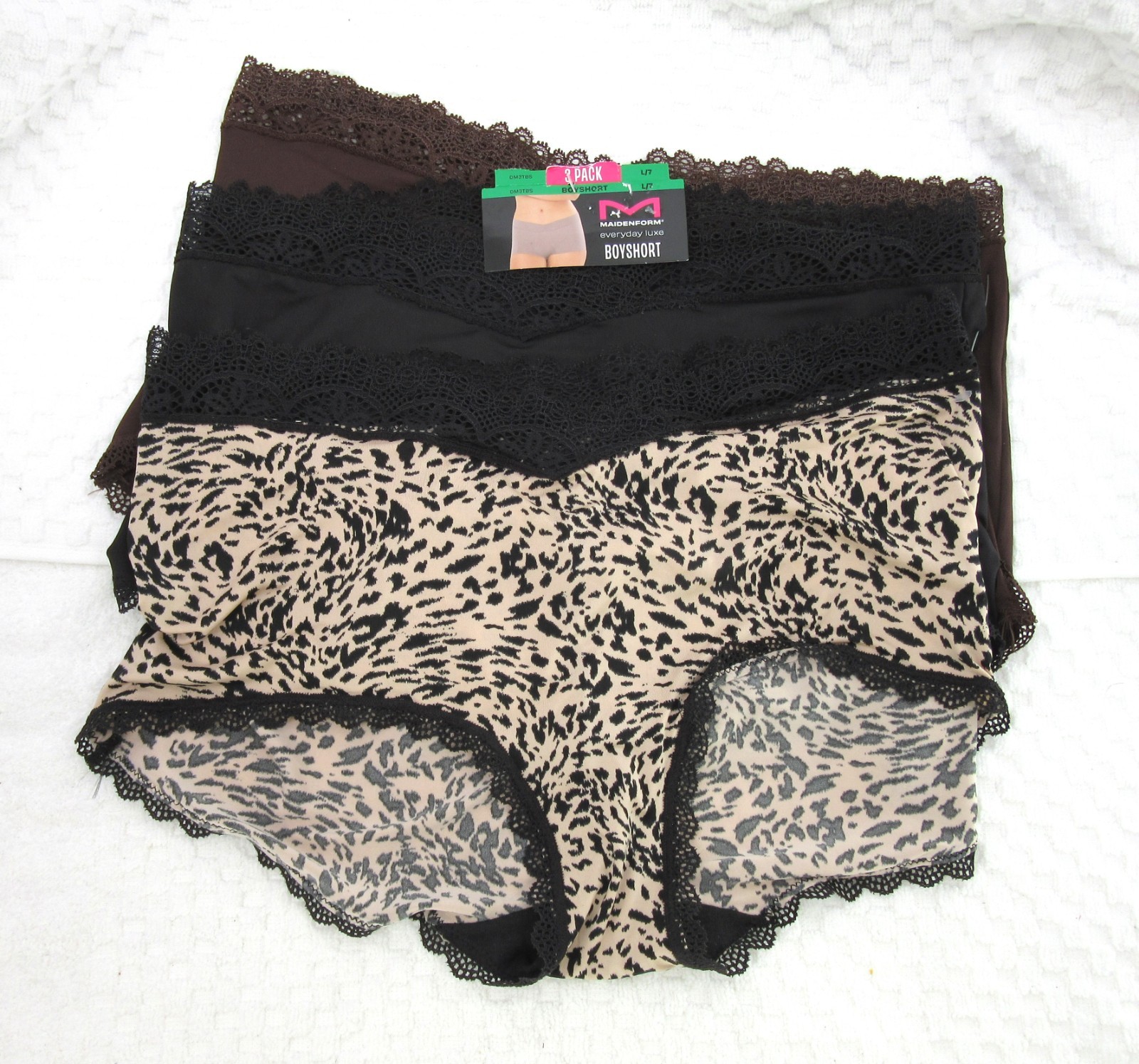NWT set of 3 MAIDENFORM everyday luxe BOYSHORT panties dm3tbs BLACK BROWN TIGER