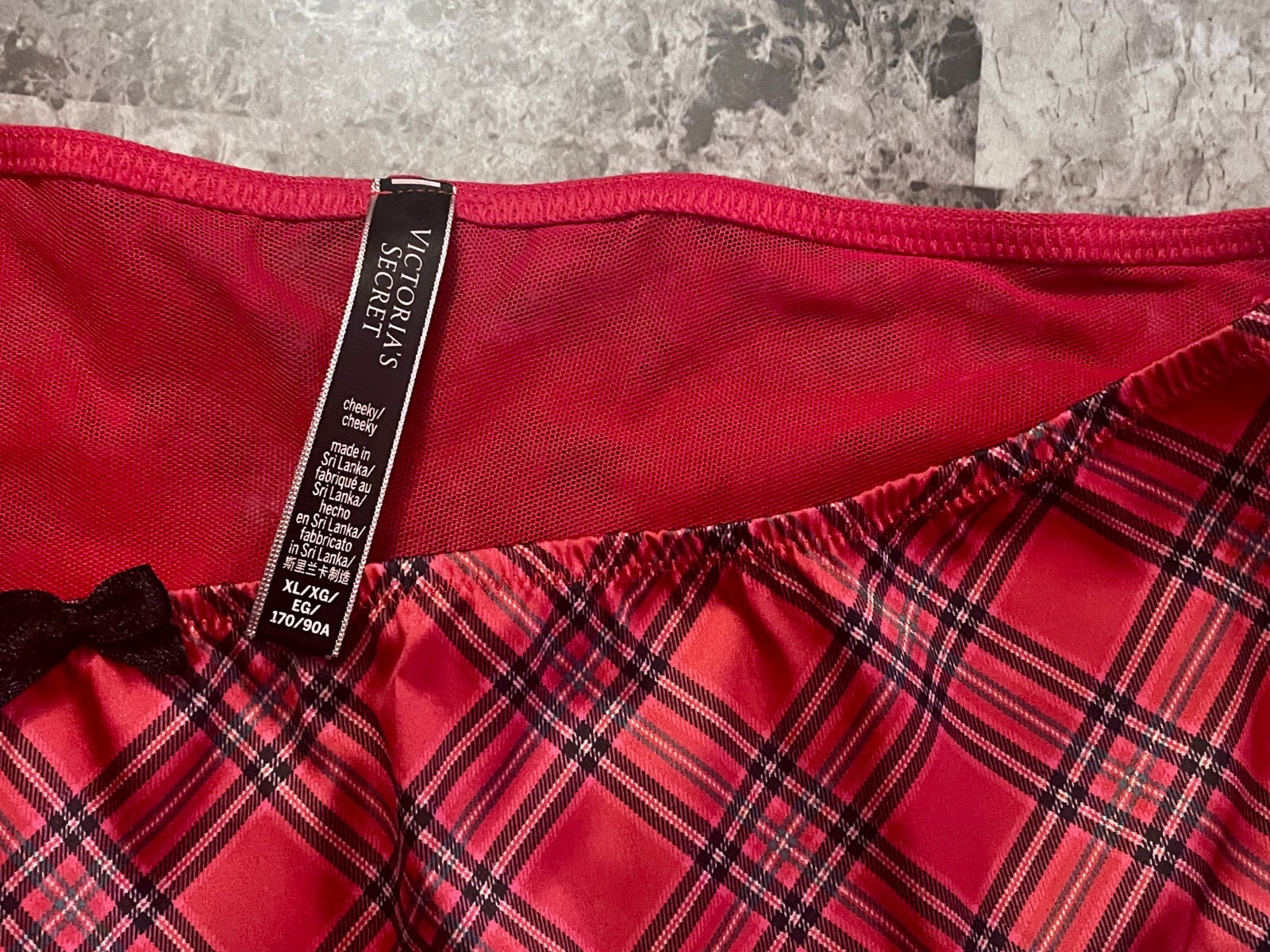 NWOT VICTORIA’S SECRET XL SMOOTH RED BLACK PINK PLAID MESH BACK CHEEKY PANTIES