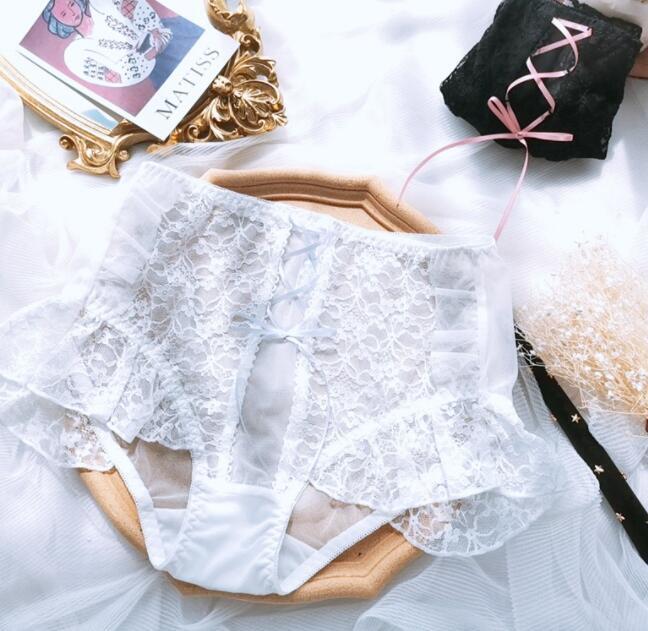 Sexy Ruffles High Waist Briefs Womens Lace Sheer Panties Breathable Underpants