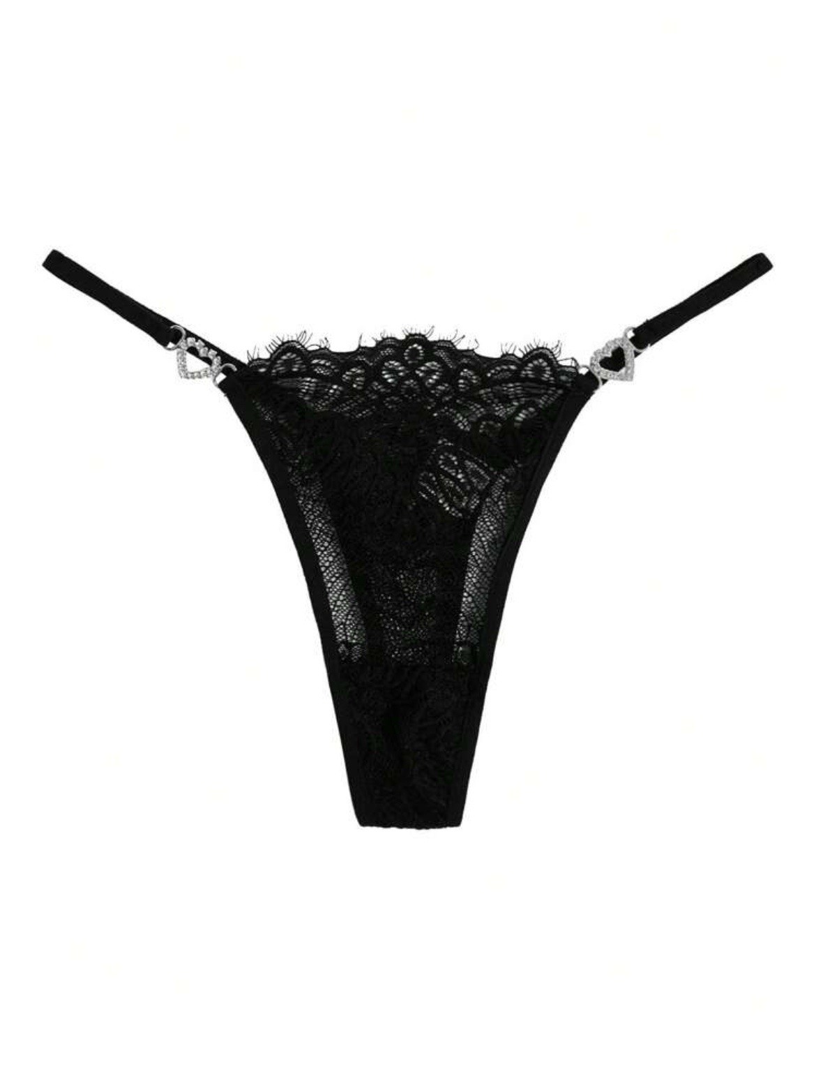 ROMWE Gothic Black Lace Thong Panty Rhinestone Hearts y2k Cute Kawaii Sz Medium