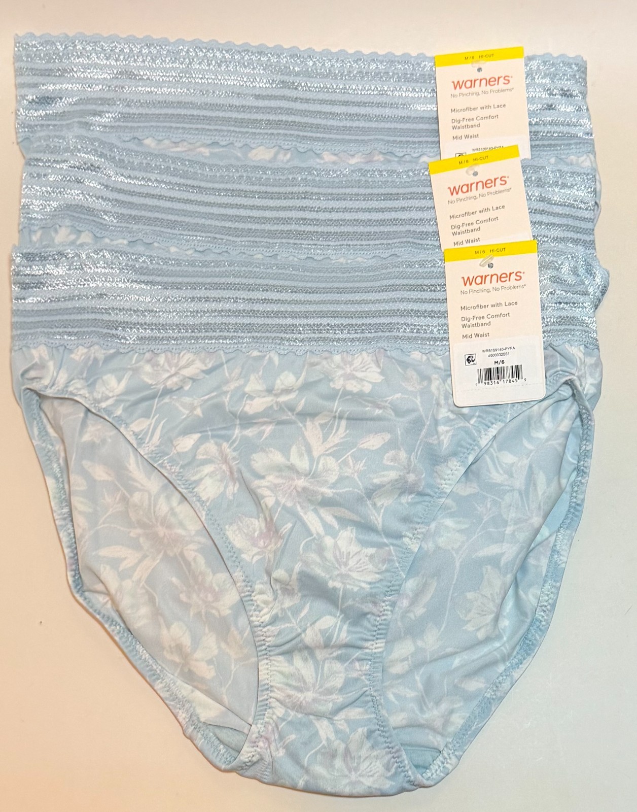 NWT 3 Warner’s No Pinching/Problems Hi Cut Panties 5109 Sky Blithe Floral 6/M