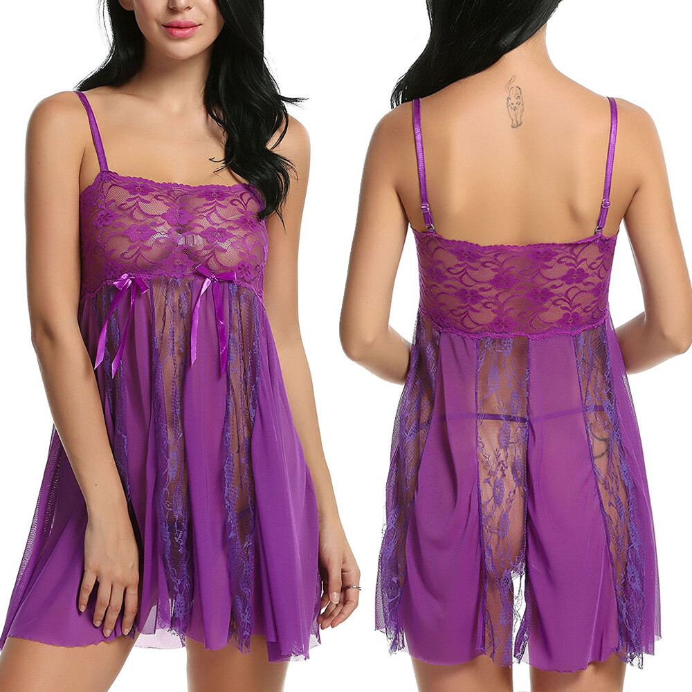 Purple Women Sexy Lingerie Dress G-string Underwear Babydoll Nightwear Set US