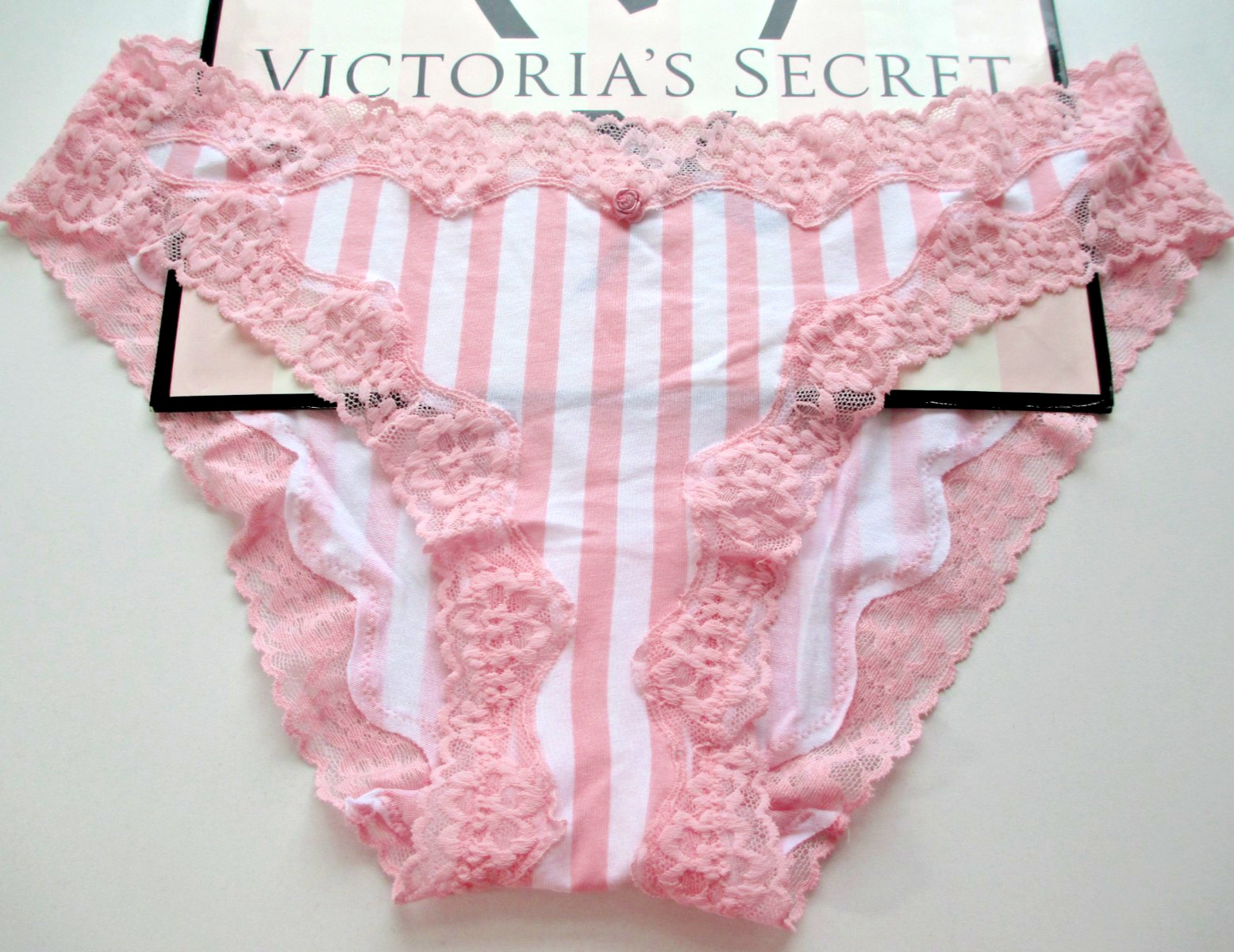 VICTORIA’S SECRET Cotton Bikini Panty S M L XL Pink Stripe NWT Lace Trim VS