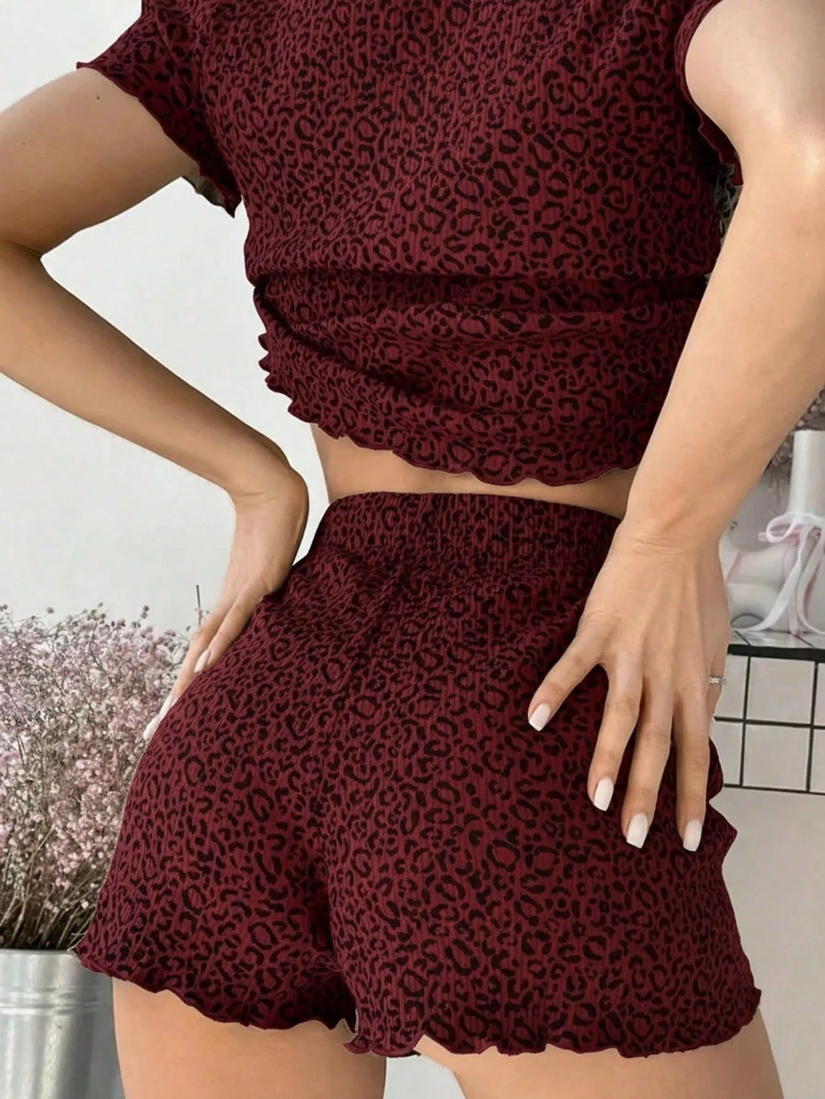 Ladies Leopard Print Rib Knit Short Sleeve & Shorts 2 Piece Pyjamas Cheap24
