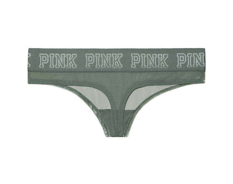 NWT VICTORIA’S SECRET PINK OLIVE GREEN CRUSHED VELVET VELOUR MESH THONG PANTIES