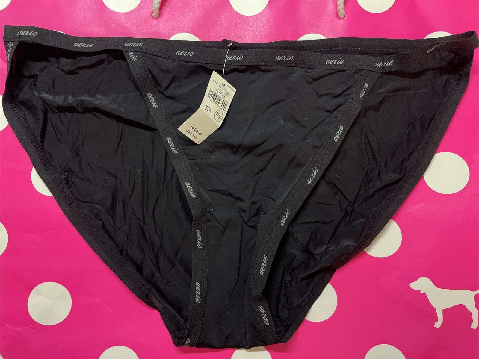 NWT AERIE AMERICAN EAGLE L Black SMOOTH THIN NYLON SPANDEX STRING BIKINI PANTIES