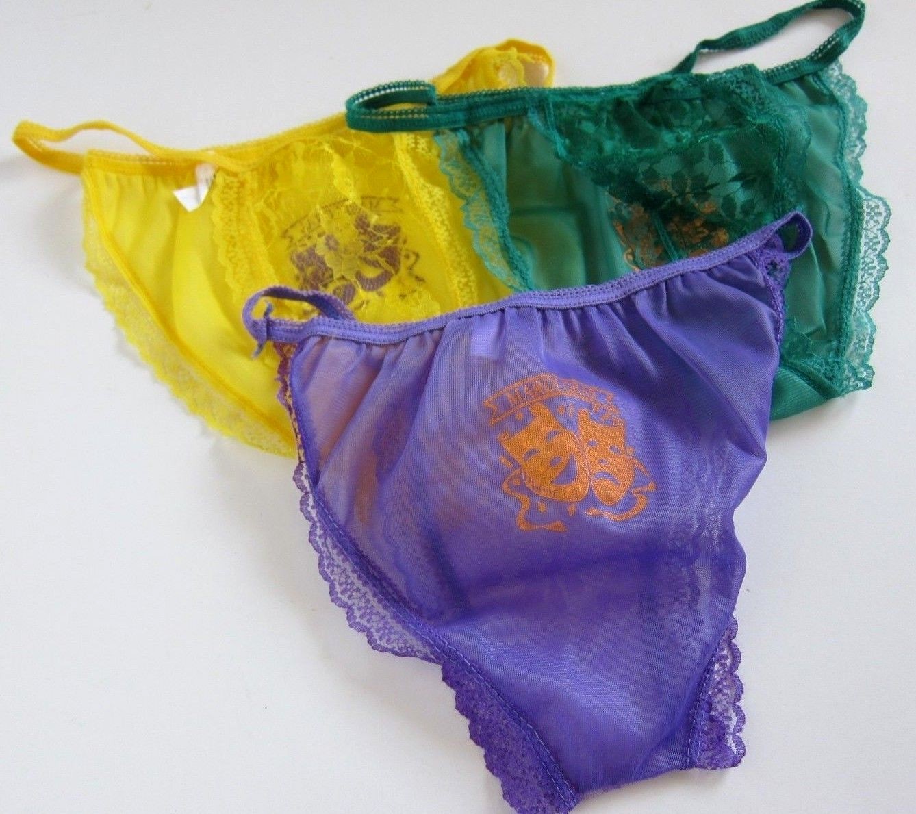 1 VINTAGE 80s Mardi Gras NWOT Silky Sheer & Lace String Bikini Panties OS