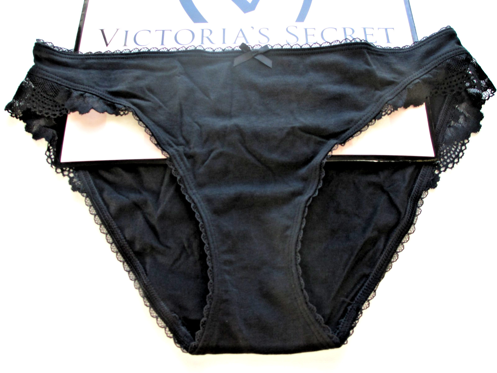 VICTORIA’S SECRET Cotton Bikini Panty S M L Black NWT Lace Trim VS