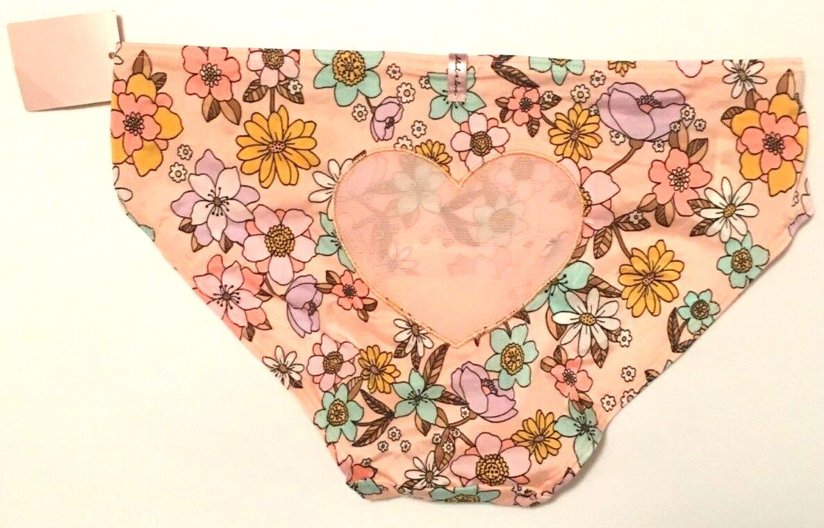 Victorias Secret Blush Love Bikini Panty Size S Peach Floral Mesh Heart Back NWT