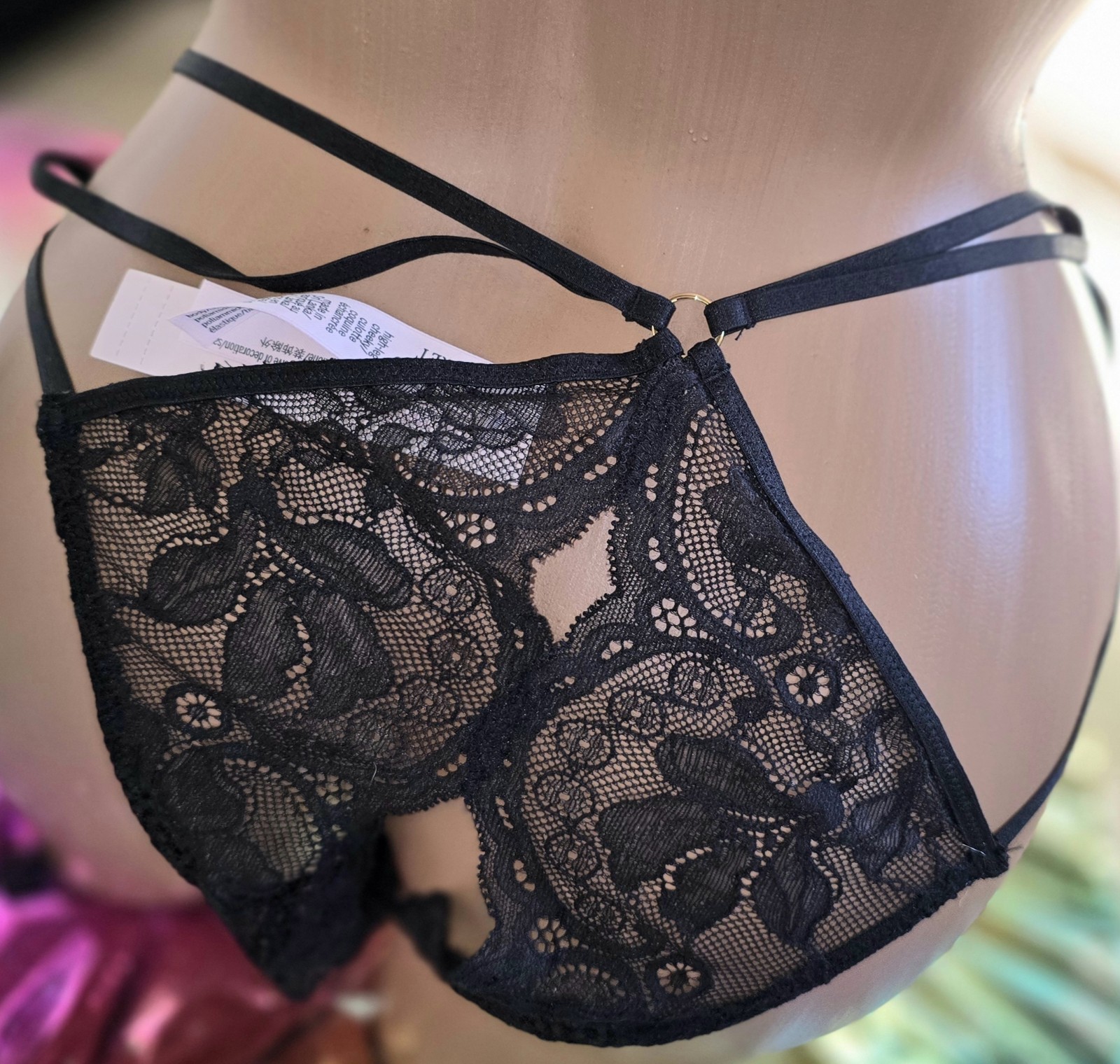 Victorias secret XL Luxe Embroidered ❤️ Open Crotch Black Lace Strappy Panty