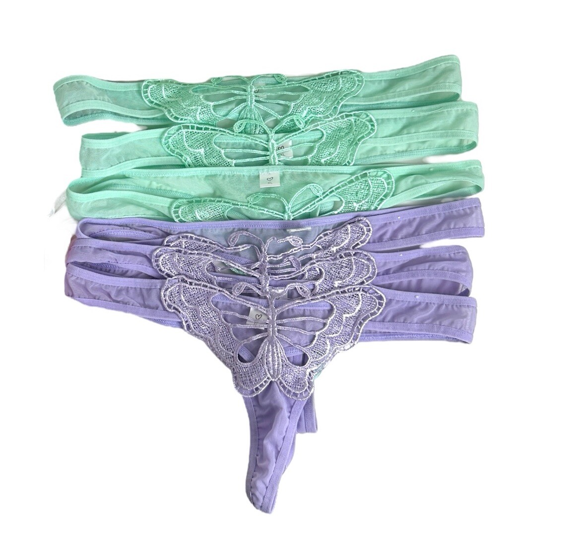 6 Pair G String Thongs Green & Purple X-LARGE Butterfly Front Mesh Panties XL