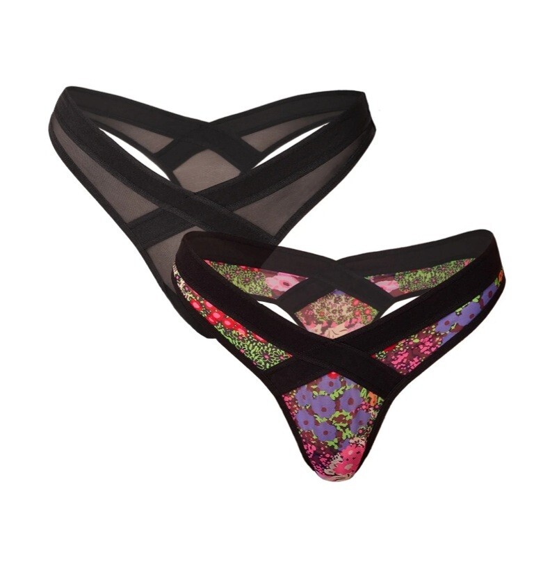 Parade Mesh Strappy Thong Underwear, 2-Pack Panties Black Floral Womens Plus 3XL