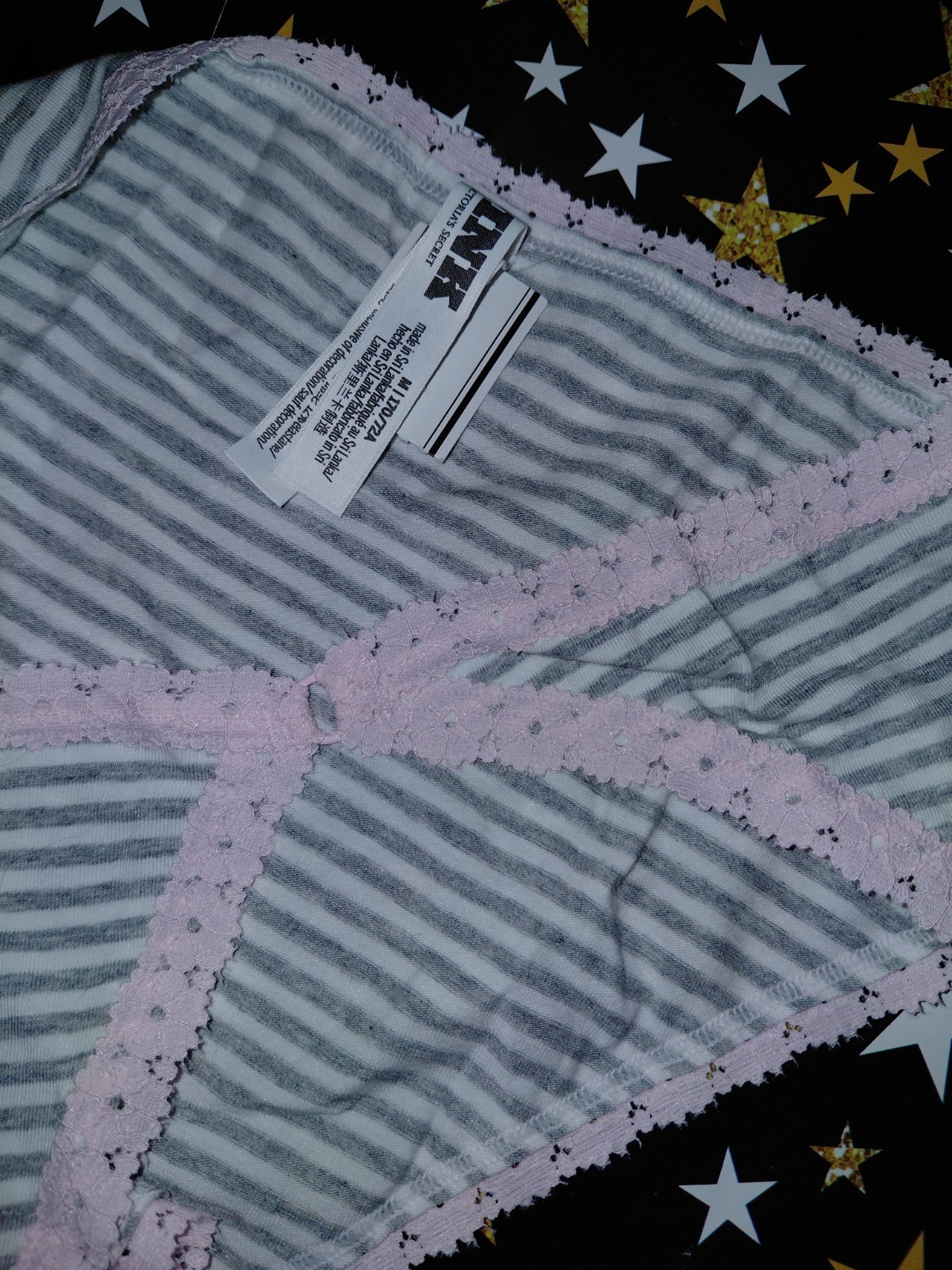 NeW Vs Pink 2tone cotton lace Trim O Ring Cheeky Panty Size Medium Striped