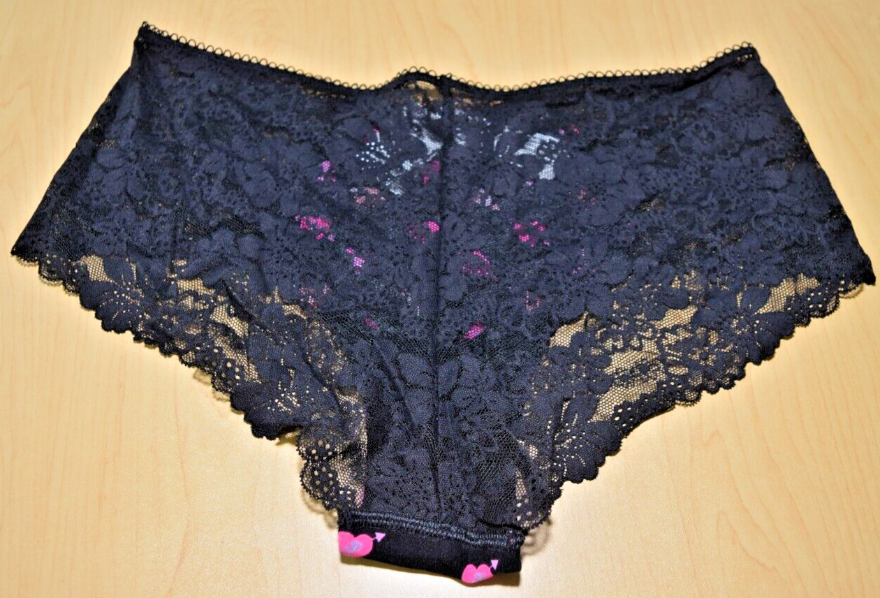 NWT Victorias Secret Pink Multicolor Hearts Lace Cheeky Panty Black L Large