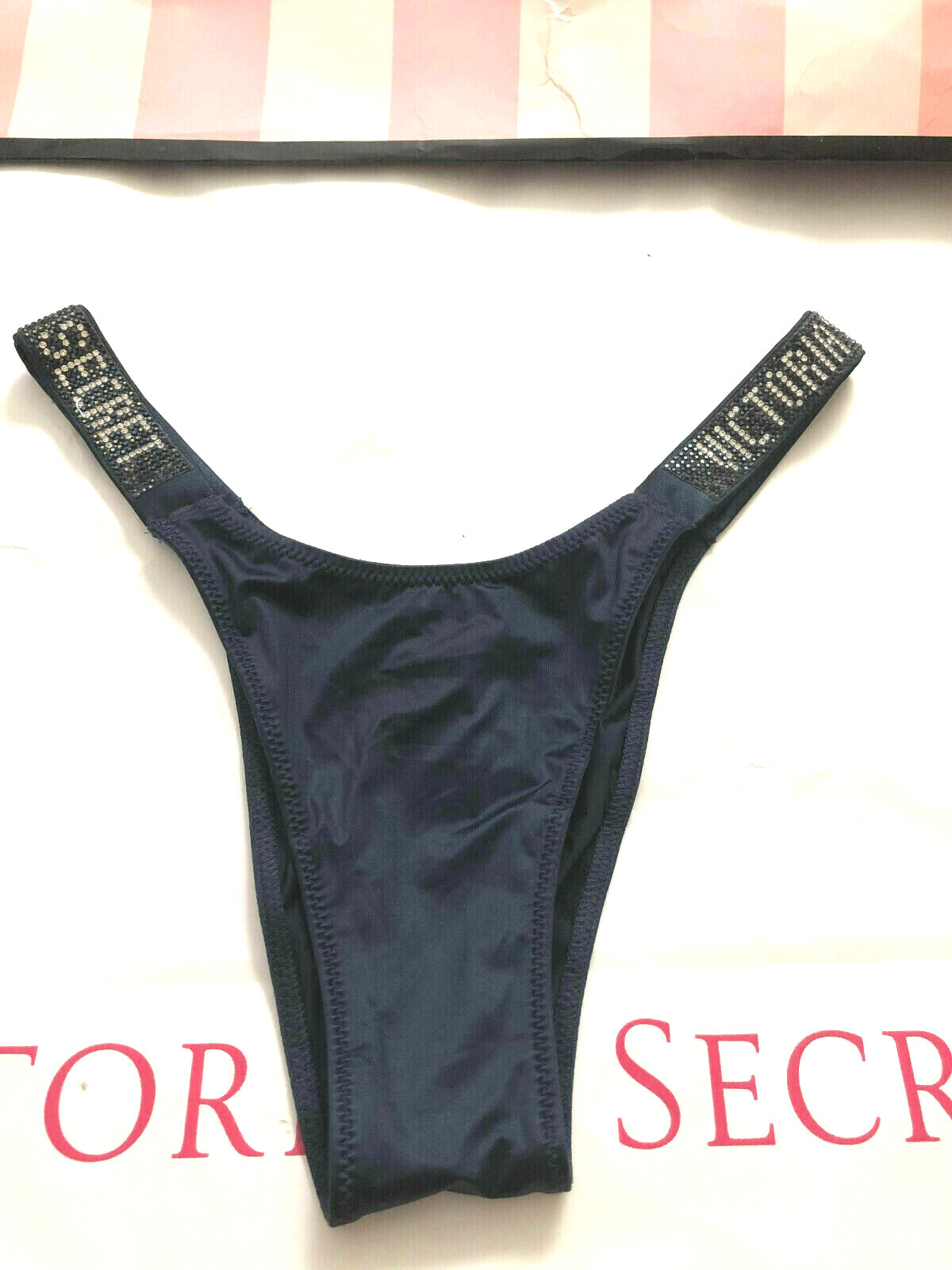 Victorias Secret Bombshell Shine Thong Panty Bling Rhinestone Logo Navy S NWT