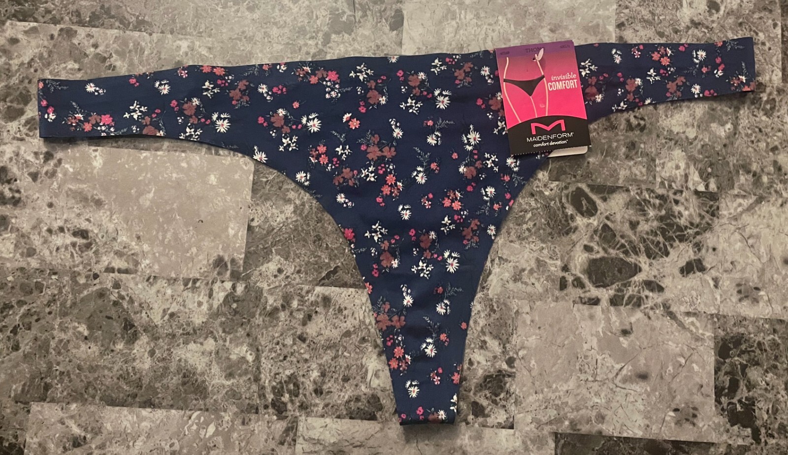 NWT MAIDENFORM 2XL XXL SMOOTH BLUE FLORAL INVISIBLE COMFORT BONDED THONG PANTIES