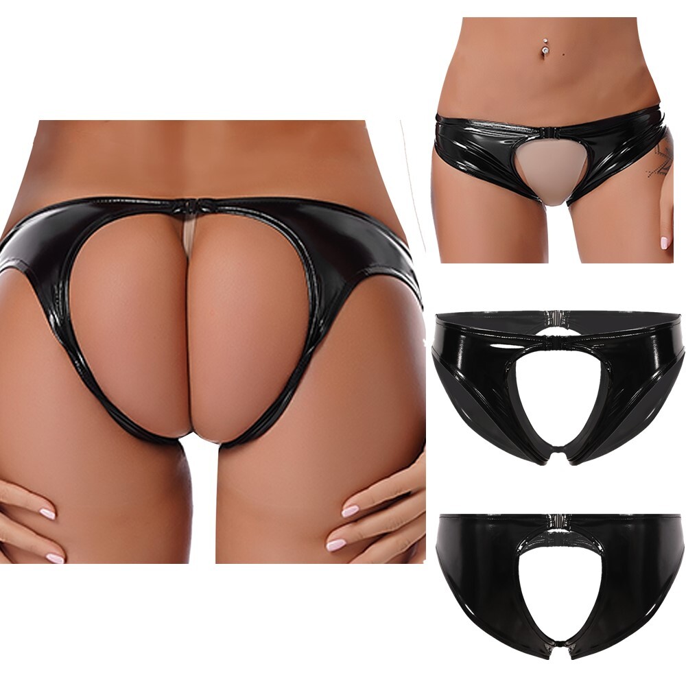 ~Women Panties Underpants Brief Crotchless Underwear Metallic Wet Look Bottoms