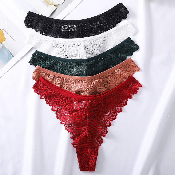 5PCS/LOT Sexy Womens Lace Thong Panties Brief Sheer High Cut Underwear Lingeries