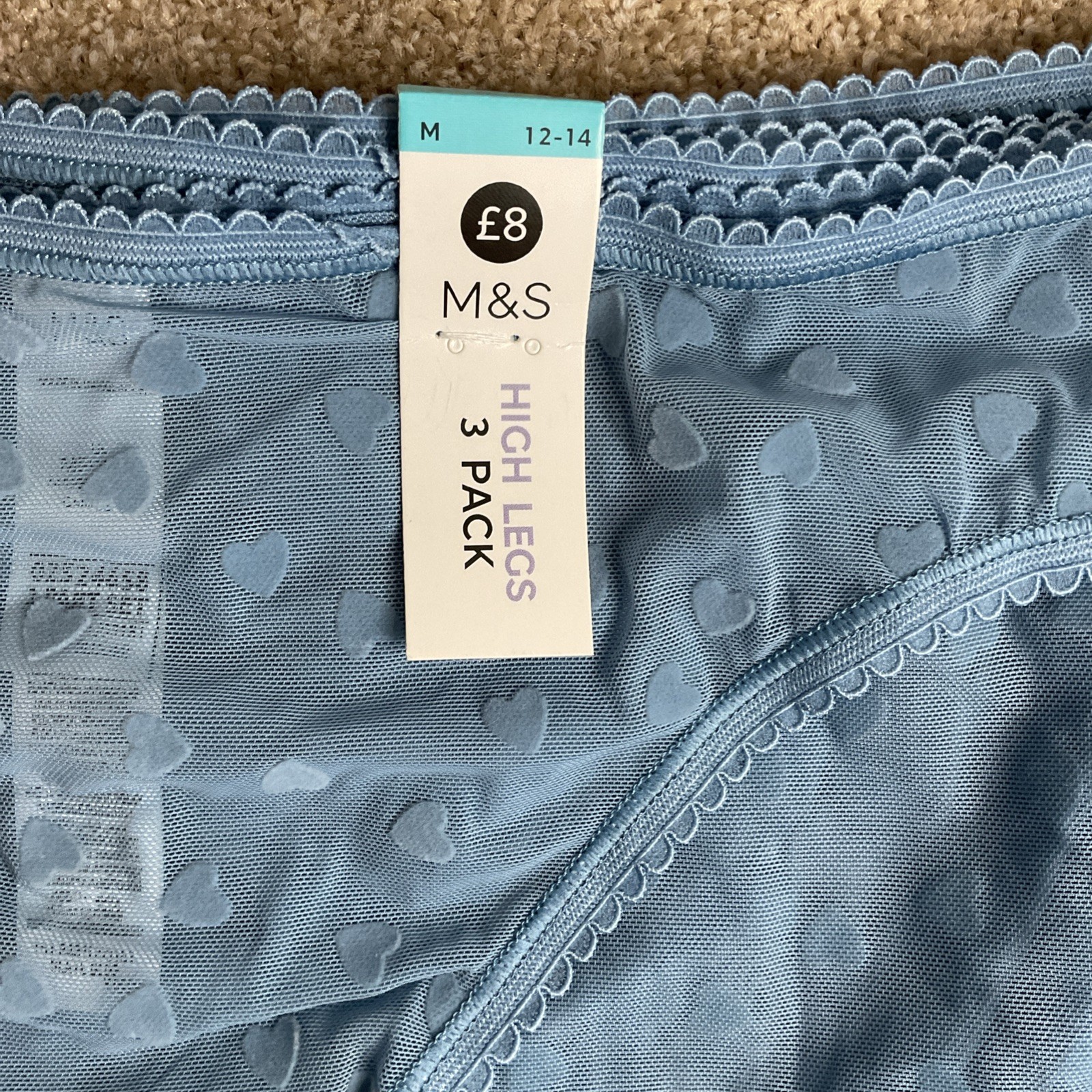 M&S 3 PACK Size Medium 12-14 Ladies High Legs Knickers Slate Blue M Mesh Hearts