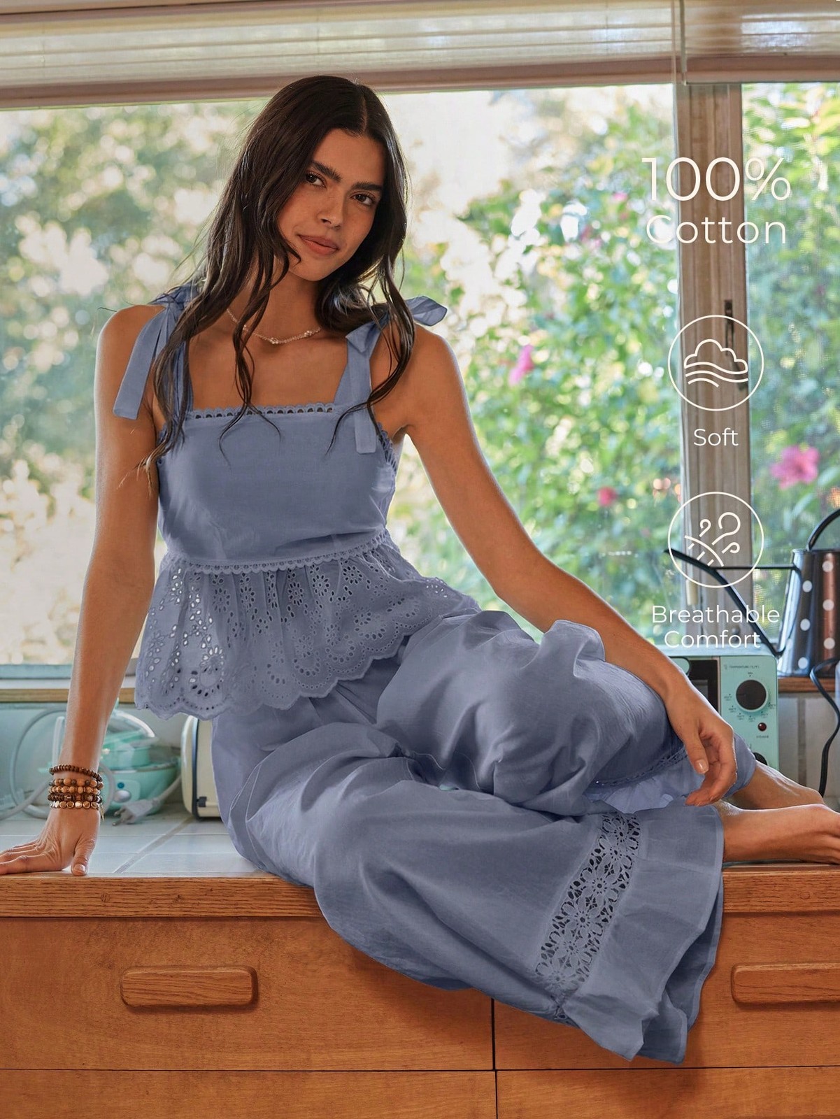 Lullawish Bohemian Style Spaghetti Straps Cotton Woven Pyjama Set for Cheap24