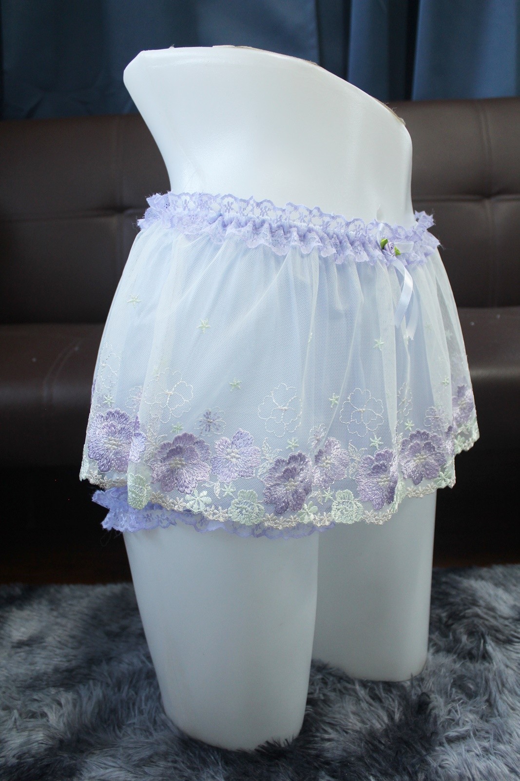 #A120 2XL/ElasticW.24-42″ VtgStyle Purple Nylon FullBrief Panties MiniLace Skirt