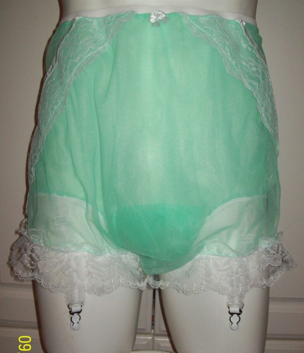 GREEN SHEER Nylon BUBBLE Bloomer SISSY PANTY 7″ SLEEVE GARTER 32-44 Waistband **