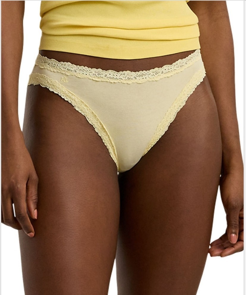 Lauren Ralph Lauren Women’s Cotton & Lace Jersey Bikini Brief Underwear Lemon XL