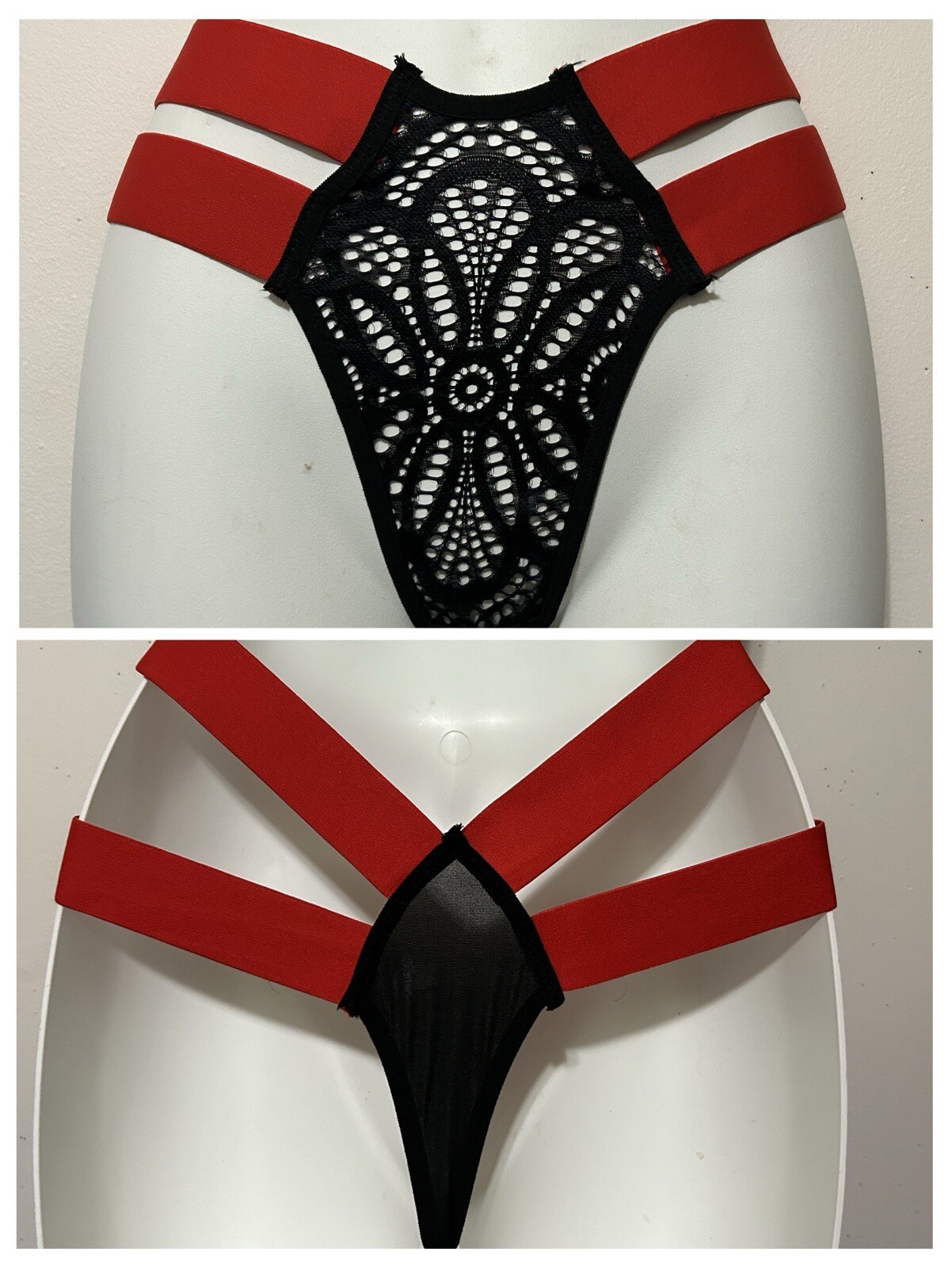 Unique Sexy panty women Size LARGE Red Stretch Band & Black Embroidery Lace