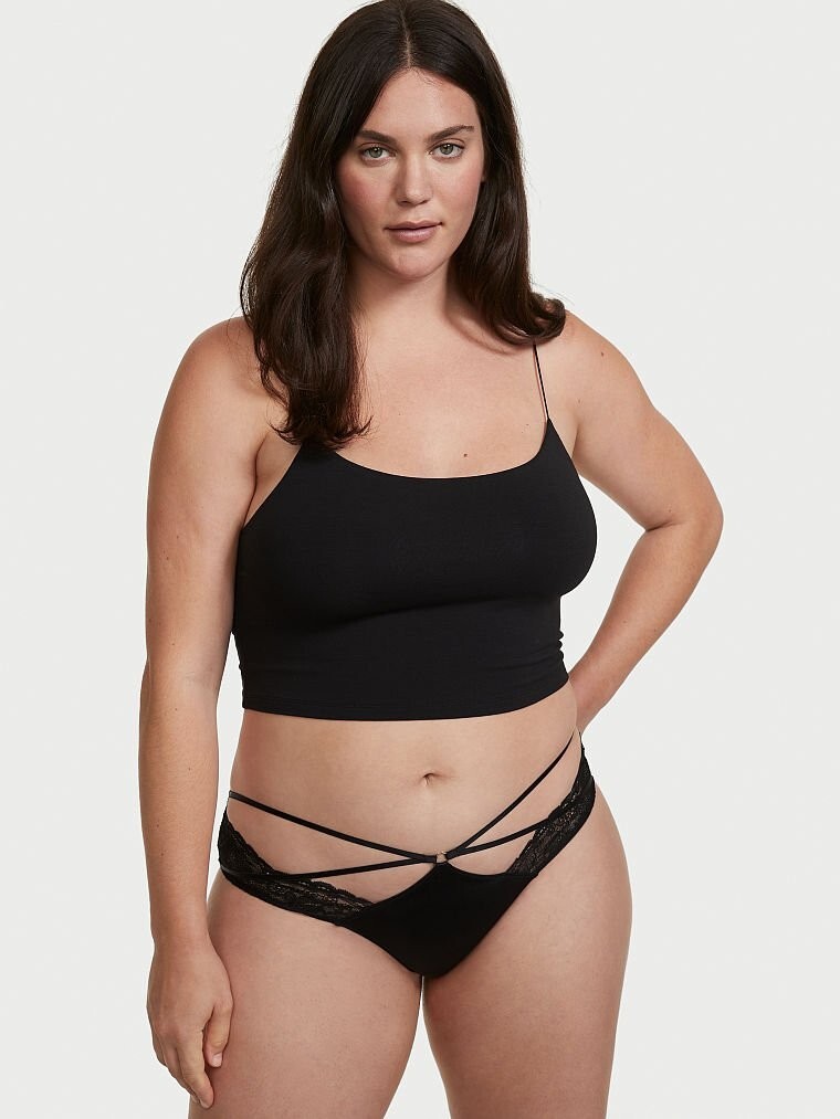 XL Dk NOIR Black Strappy Ring Satin Lace Very Sexy Cheeky Victorias Secret Panty