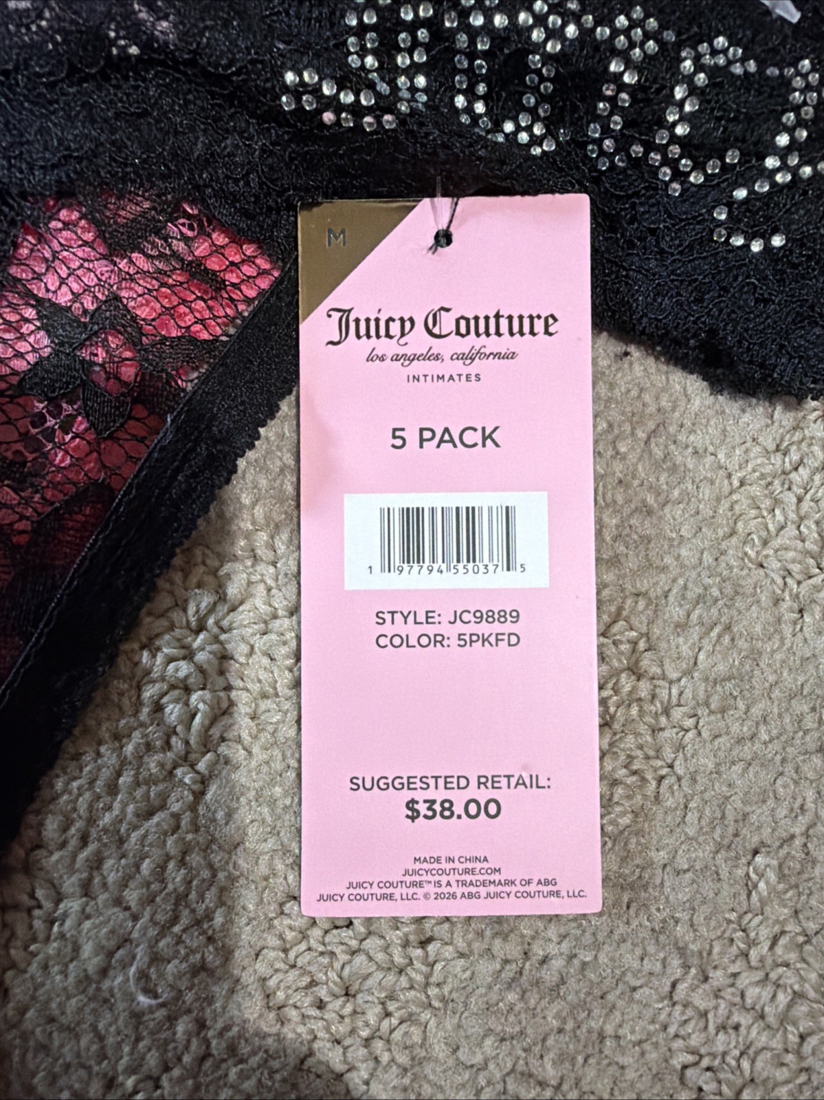 Juicy Couture 5pk Multicolor Rhinestone Logo Lace Thongs. Sz M. NWT!