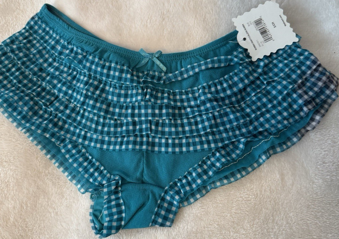 No Boundaries Rumba Panties Women’s S/CH Blue Gingham Nylon Spandex Bow Ruffle