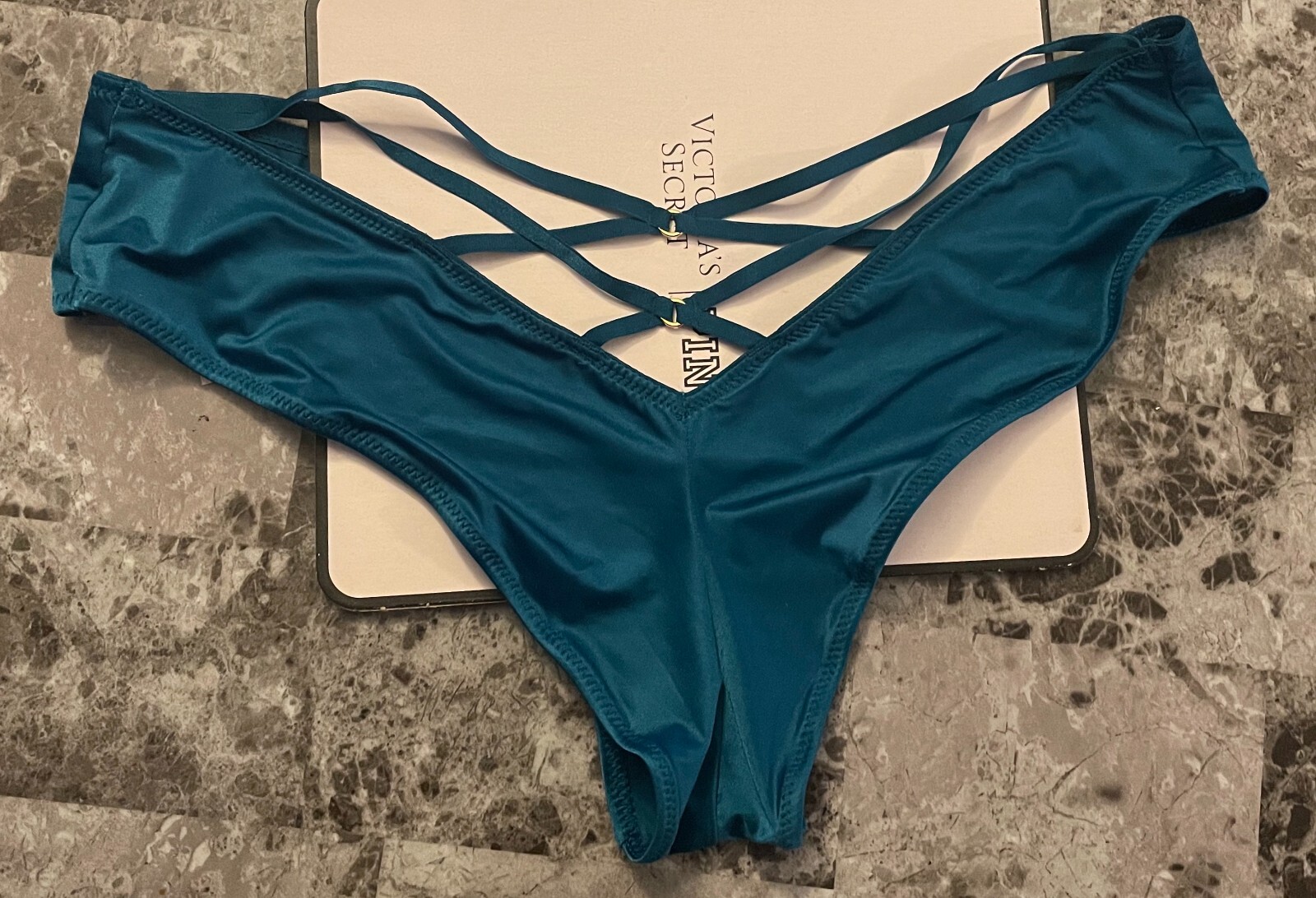 VICTORIA’S SECRET TURQUOISE BLUE SATIN SMOOTH STRAPPY HIGH LEG CHEEKY PANTIES