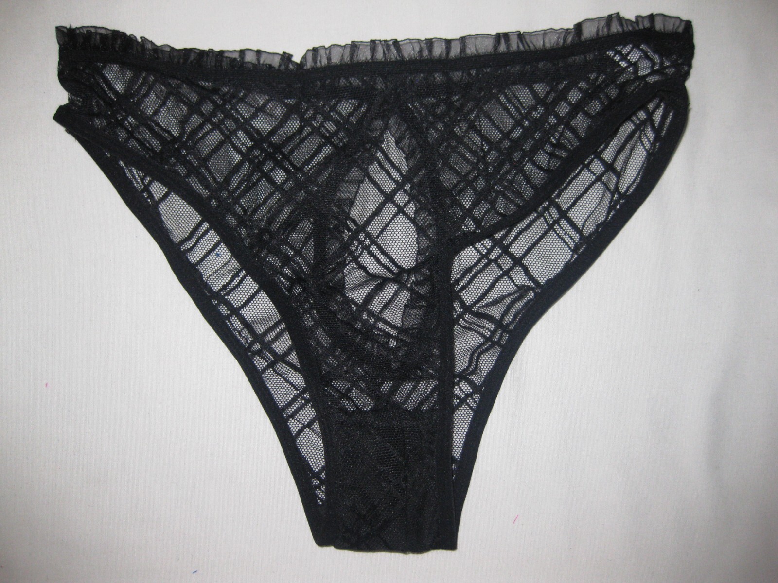 Shein plaid sheer mesh ruffle trim cutout back cheeky panties XS S M black nip