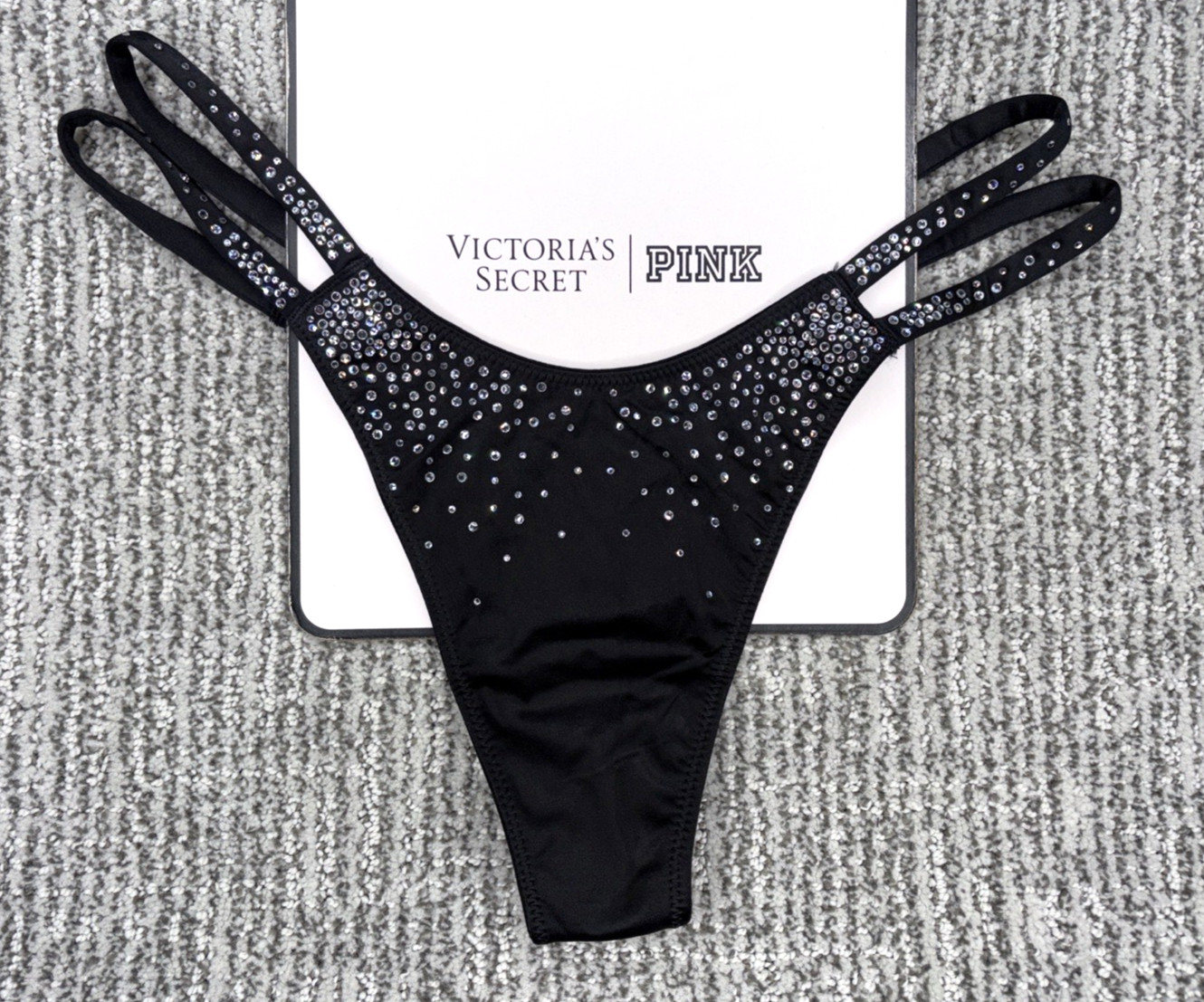 VictoriasSecret VerySexy NWT Medium Black Sparkle Crystal ShineStrap Thong Panty