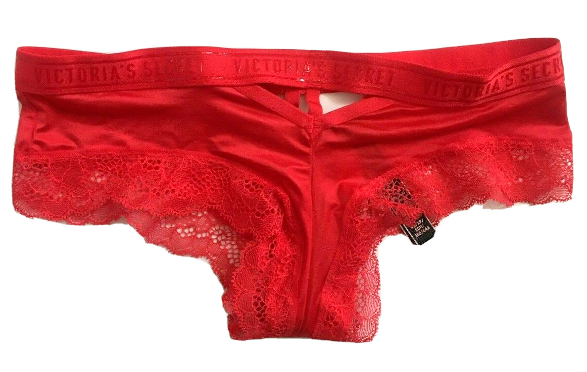 Victorias Secret Cherry Red Cheeky Panty Size XS Sport Logo Band Silky Lace Trim