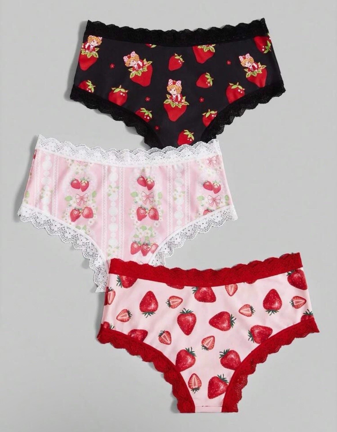 ROMWE X Strawberry Shortcake 3pc Underwear Lace Trim Panties y2k Kawaii Lolita