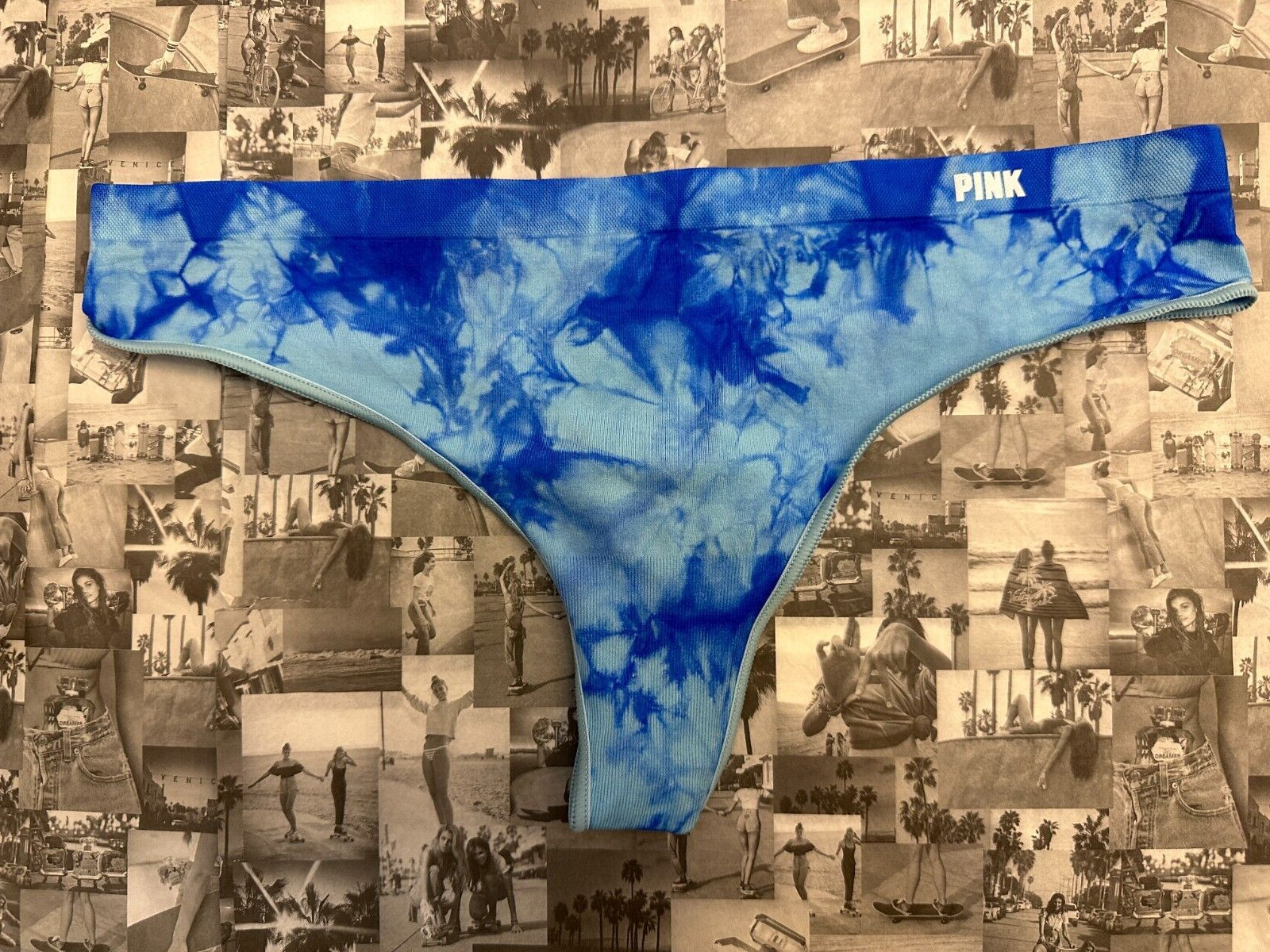 Victoria’s Secret PINK Seamless Thong Stretchy Panty Light Sky Blue Tie Dye M