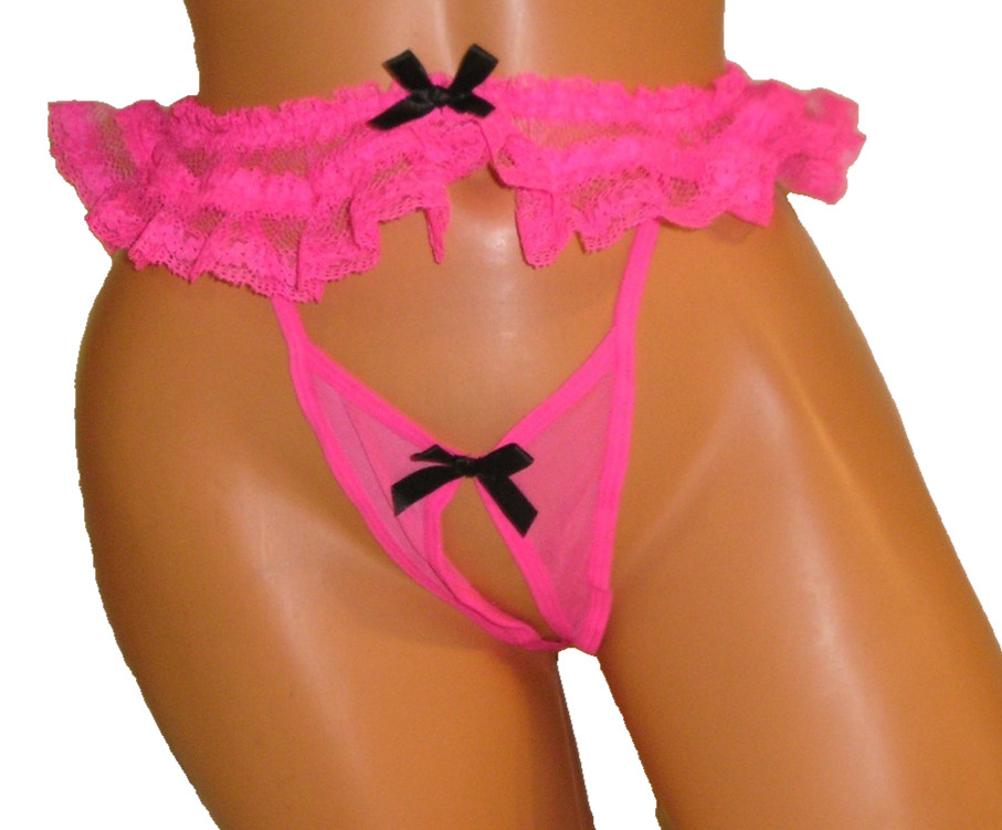 Panties Lingerie Pink Lace Top Mesh Crotchless XL / 1X Adult Gift