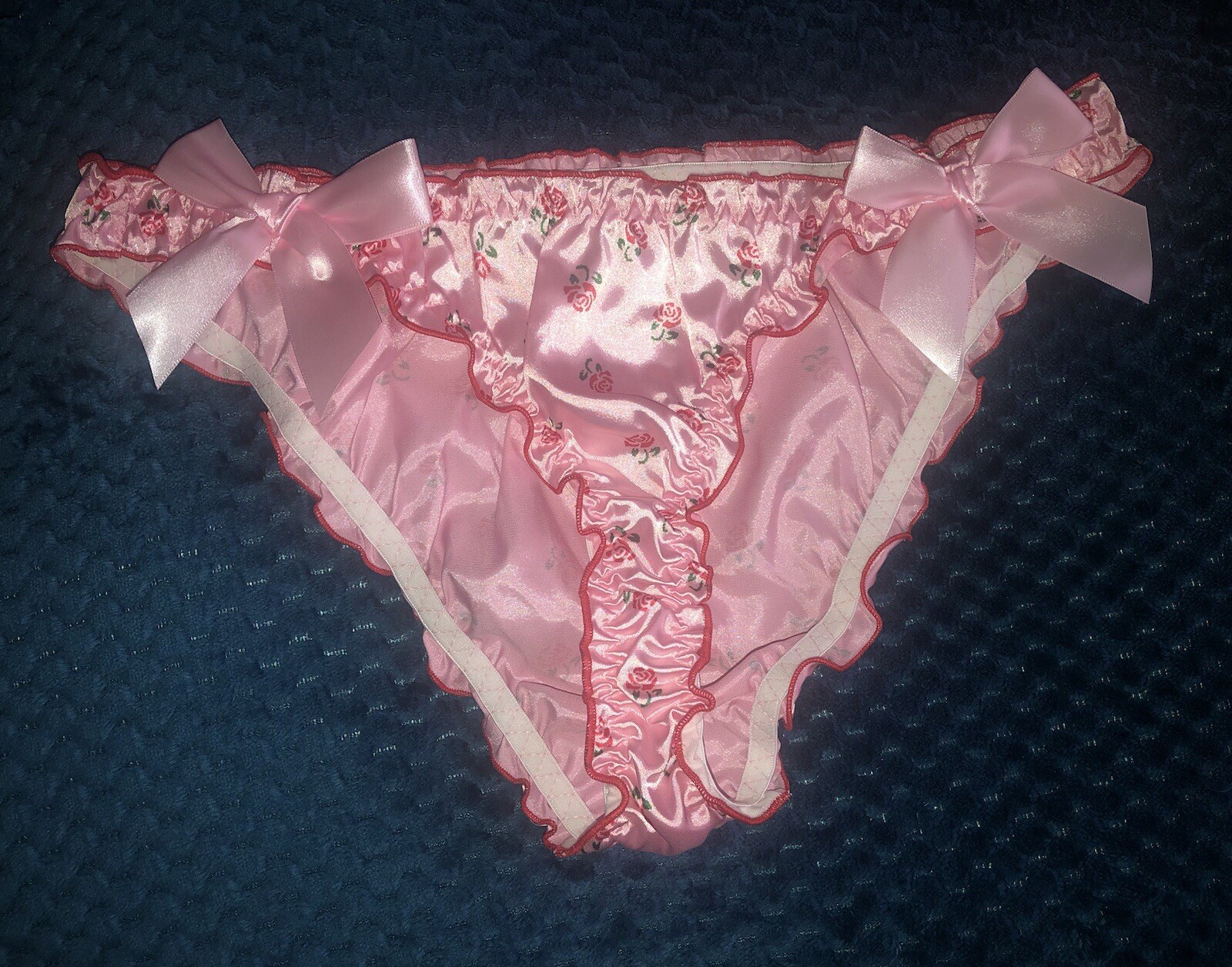 rosy PINK shiny SATIN floral PANTIES – size XL – Frilly Feminine Bows