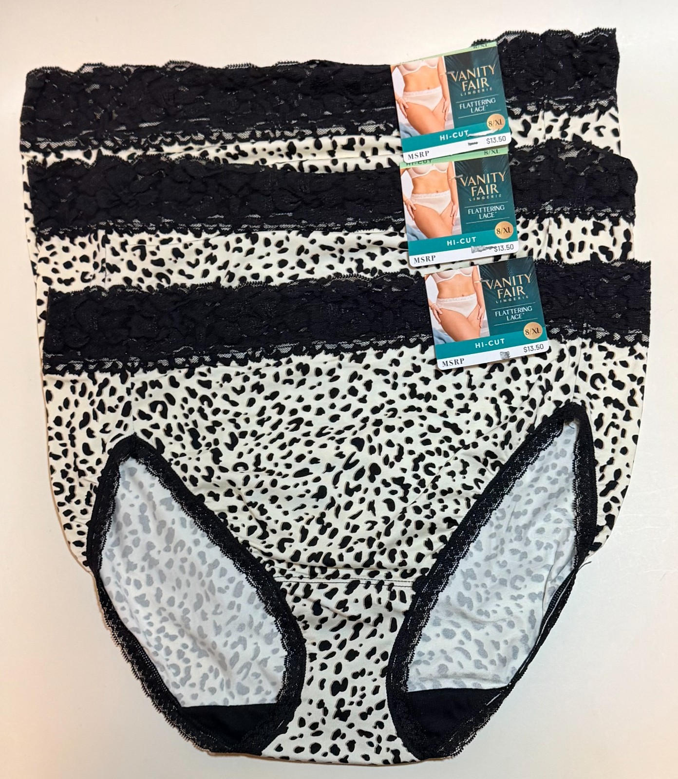NWT 3 Vanity Fair Flattering Lace Panties Hi Cut 13280 Leopard Print Size 8/XL