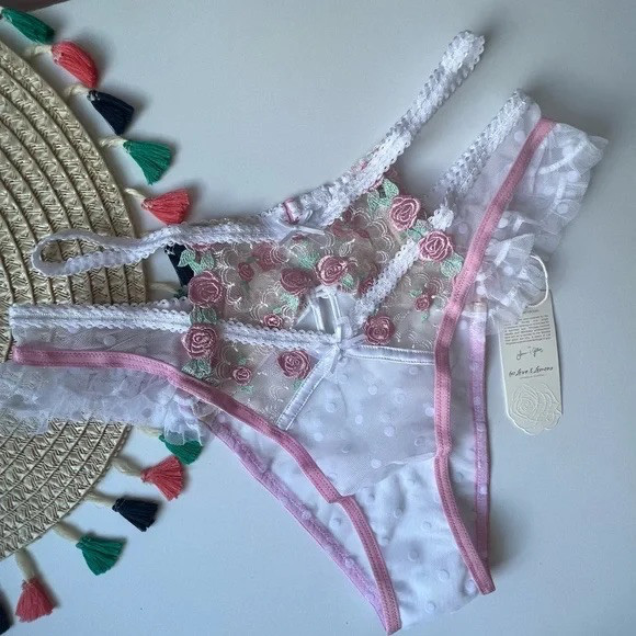 For Love And Lemons Pointelle Roses Cheeky Panty Pink/White Small NEW