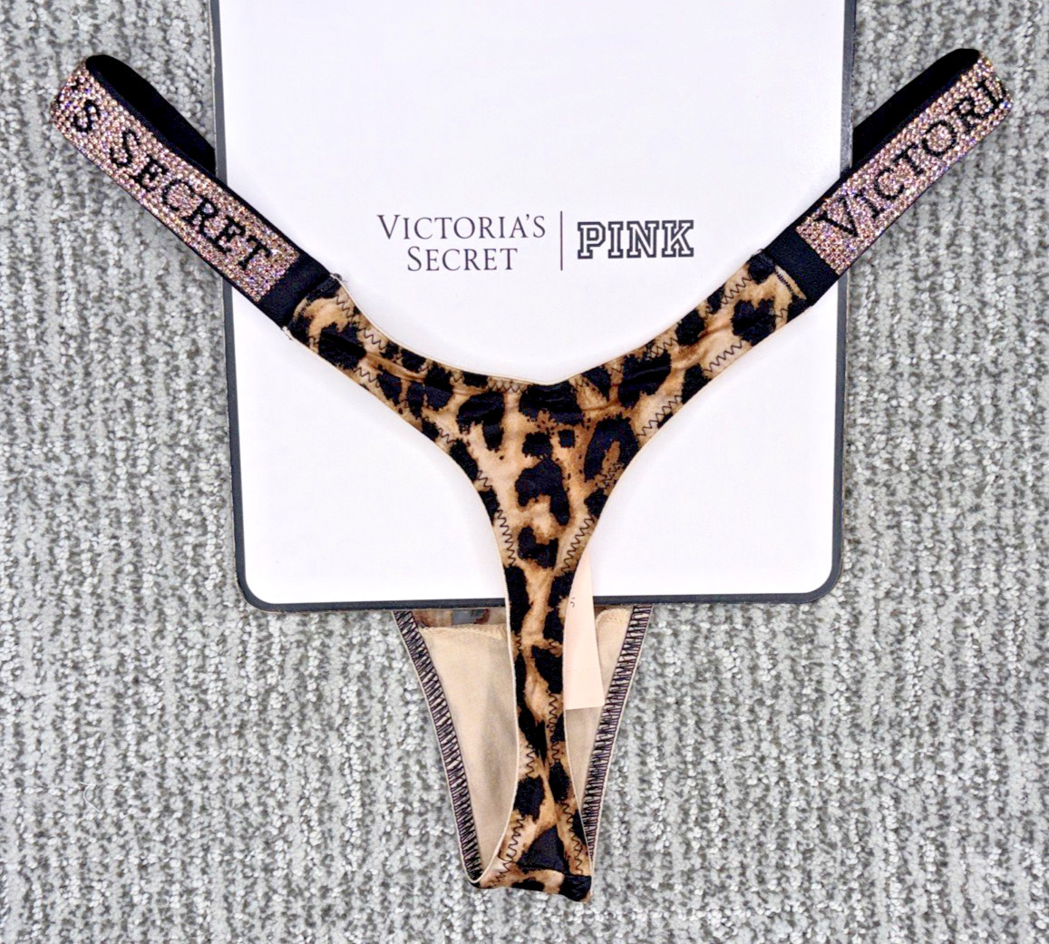 Victorias Secret Very Sexy NWT XS Leopard Print Spellout Shine Strap Thong Panty